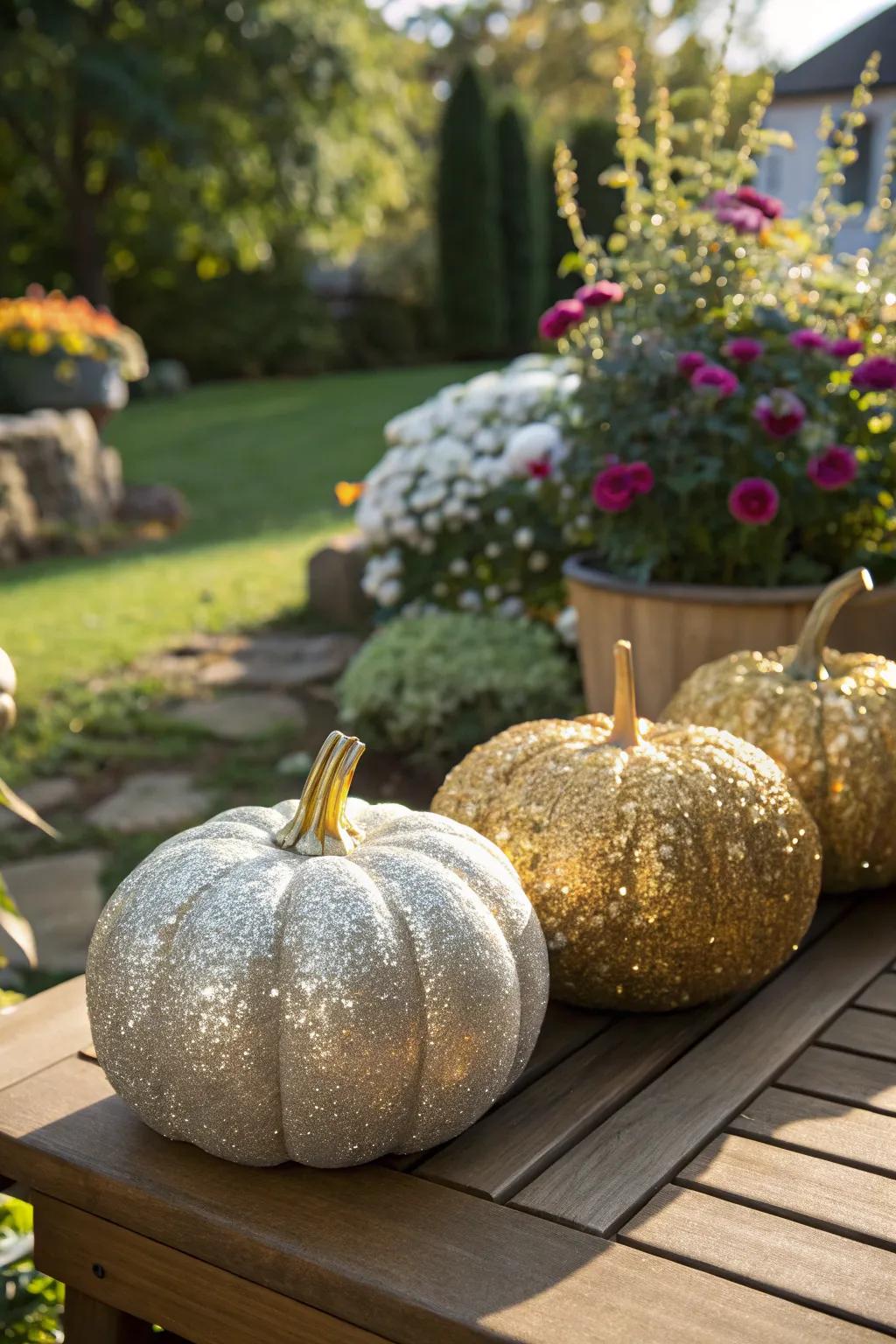 Add some sparkle with glitter-coated pumpkins.