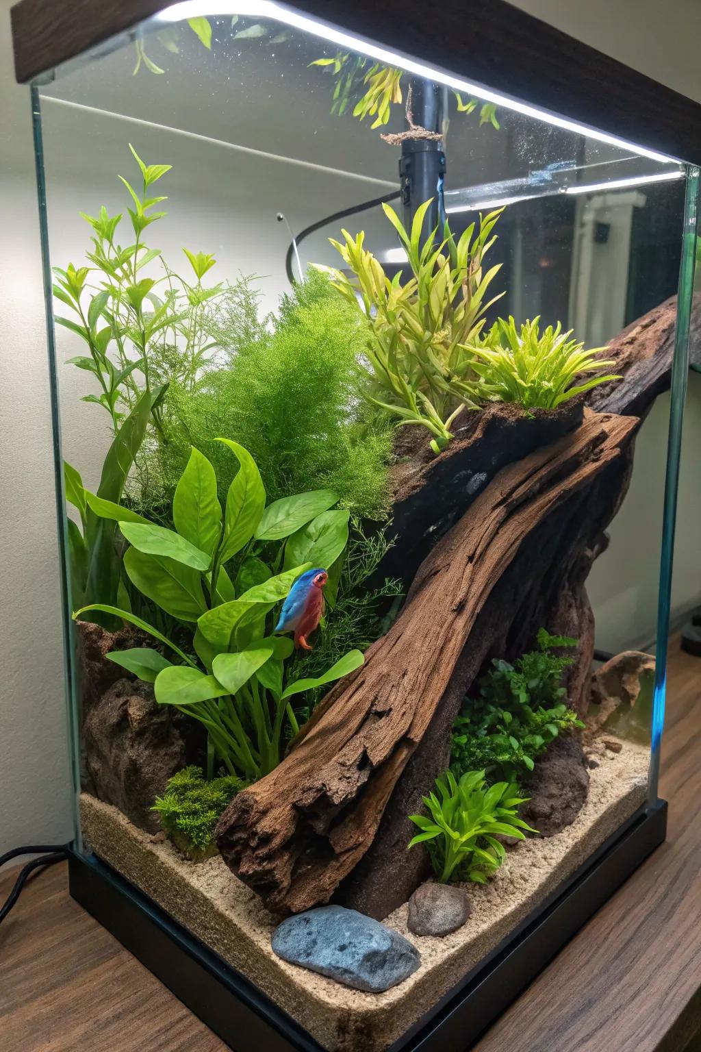 An artistic aquascape that transforms a betta tank into art.