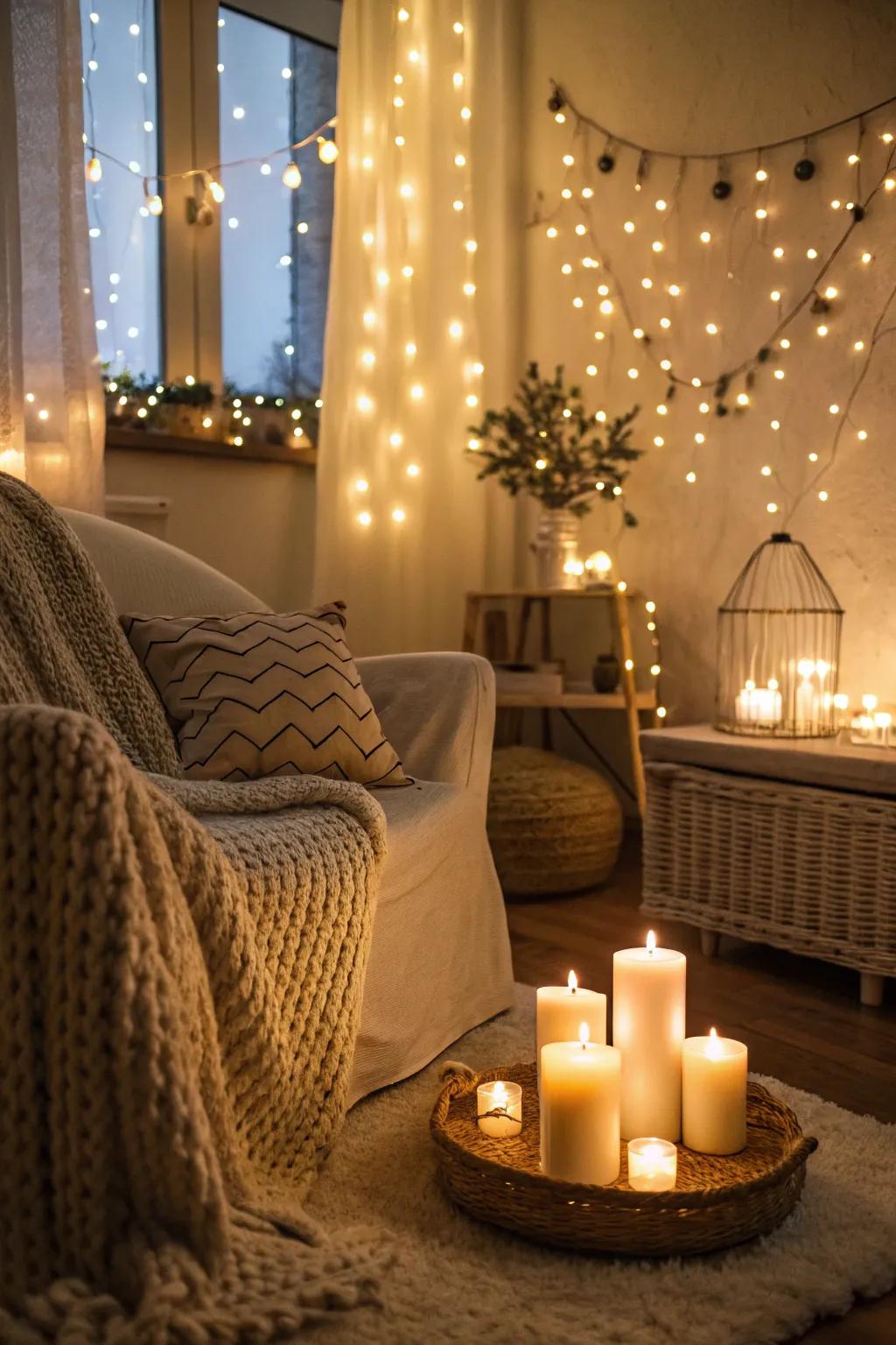 A cozy room lit with ambient fairy lights and candles.