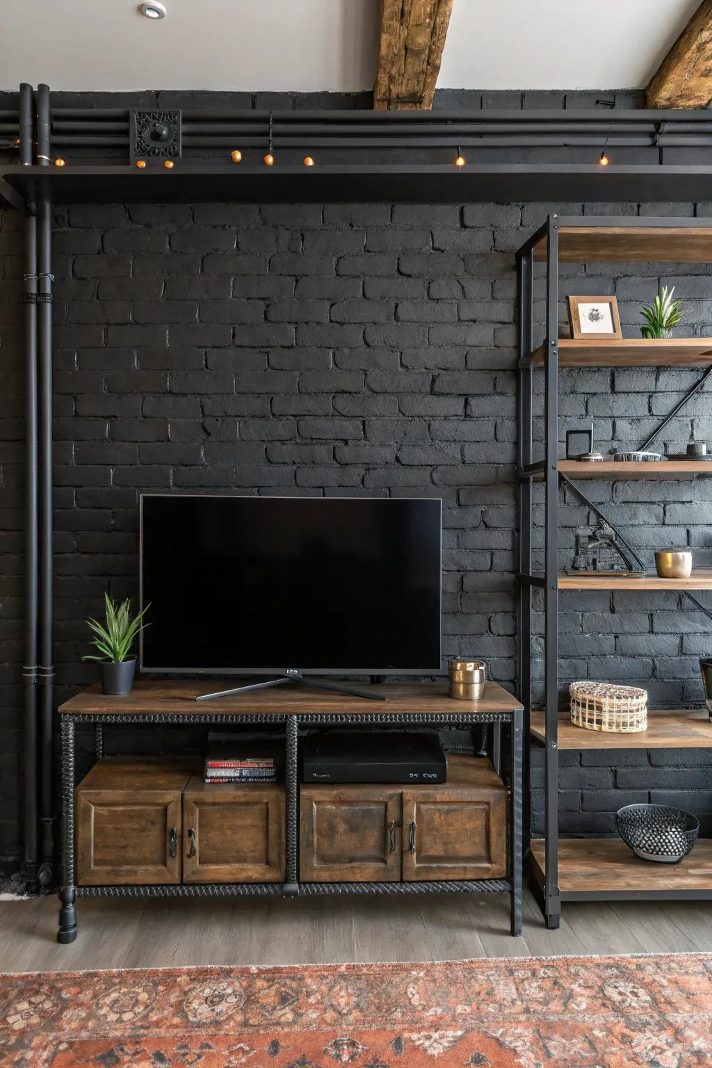 Industrial elements enhance the urban feel of a black accent wall.