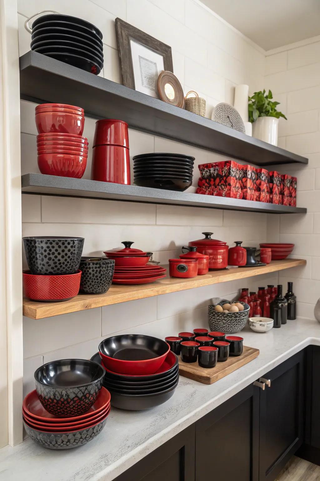 Open shelving allows for stylish displays of black and red items.