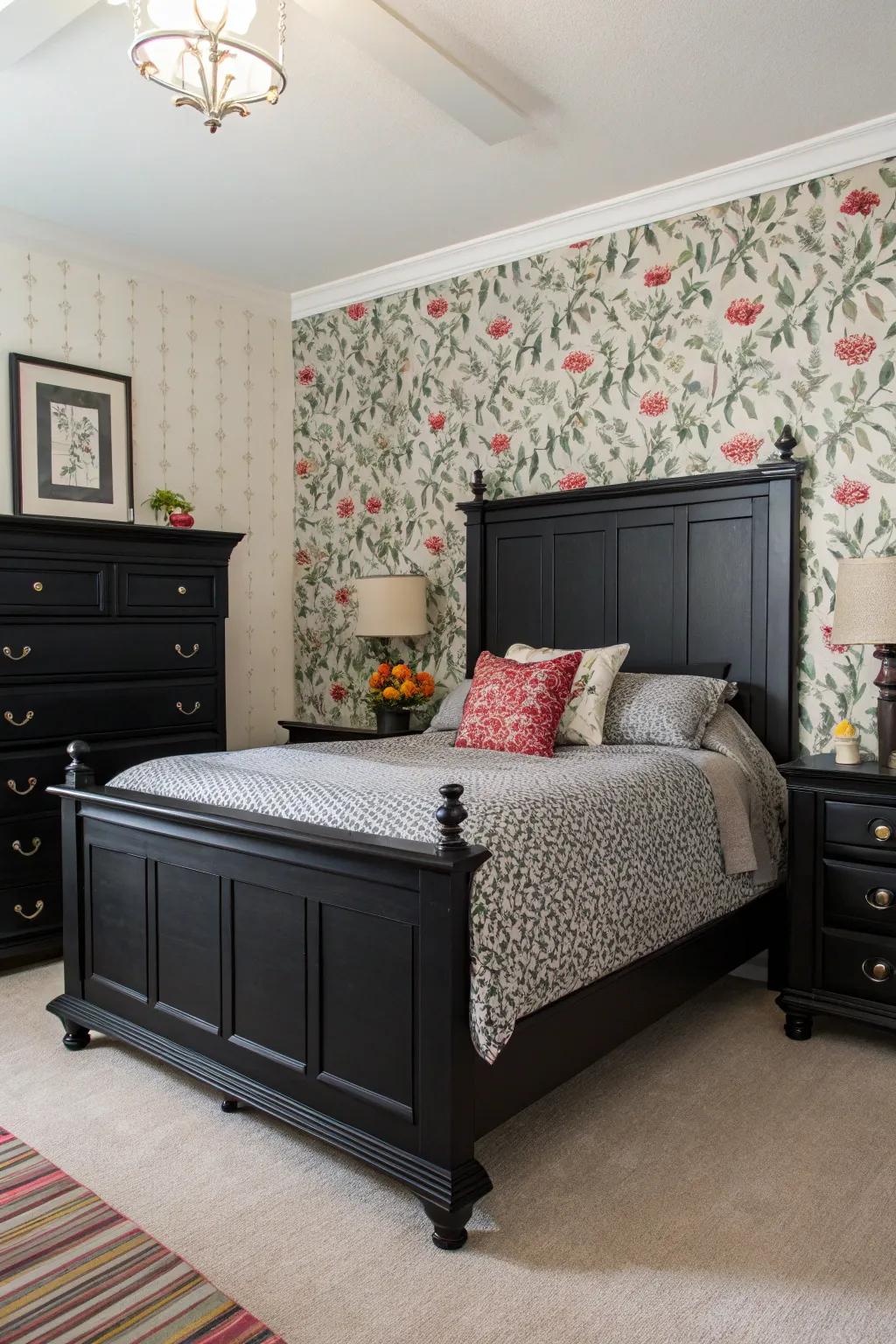 Patterned wallpaper adds depth and character to this stylish bedroom.