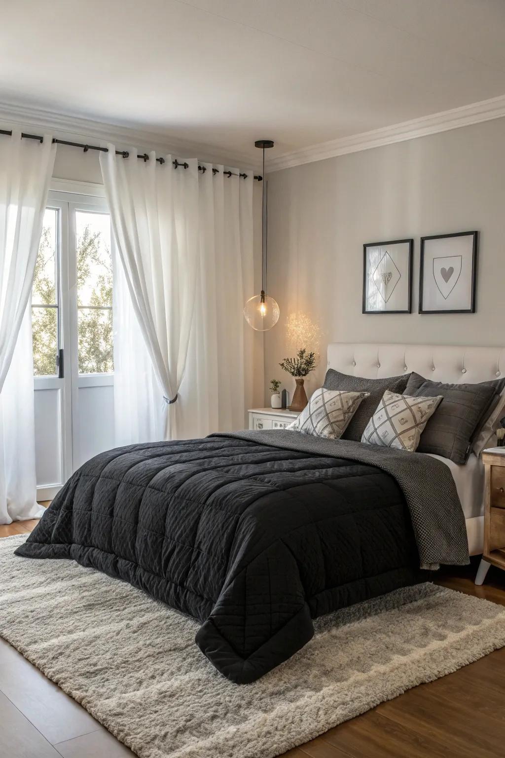 A monochromatic bedroom that exudes sophistication and balance.