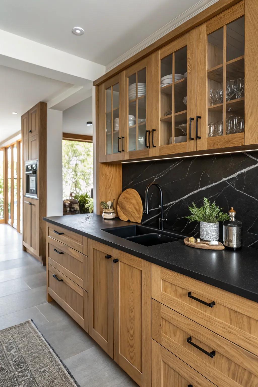 Wood elements paired with black countertops for warmth.