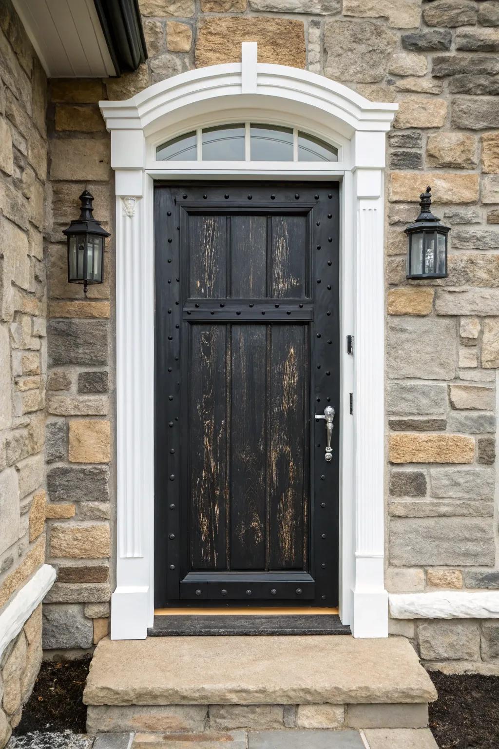 A rustic wood finish on a black door adds warmth and charm to the entrance.