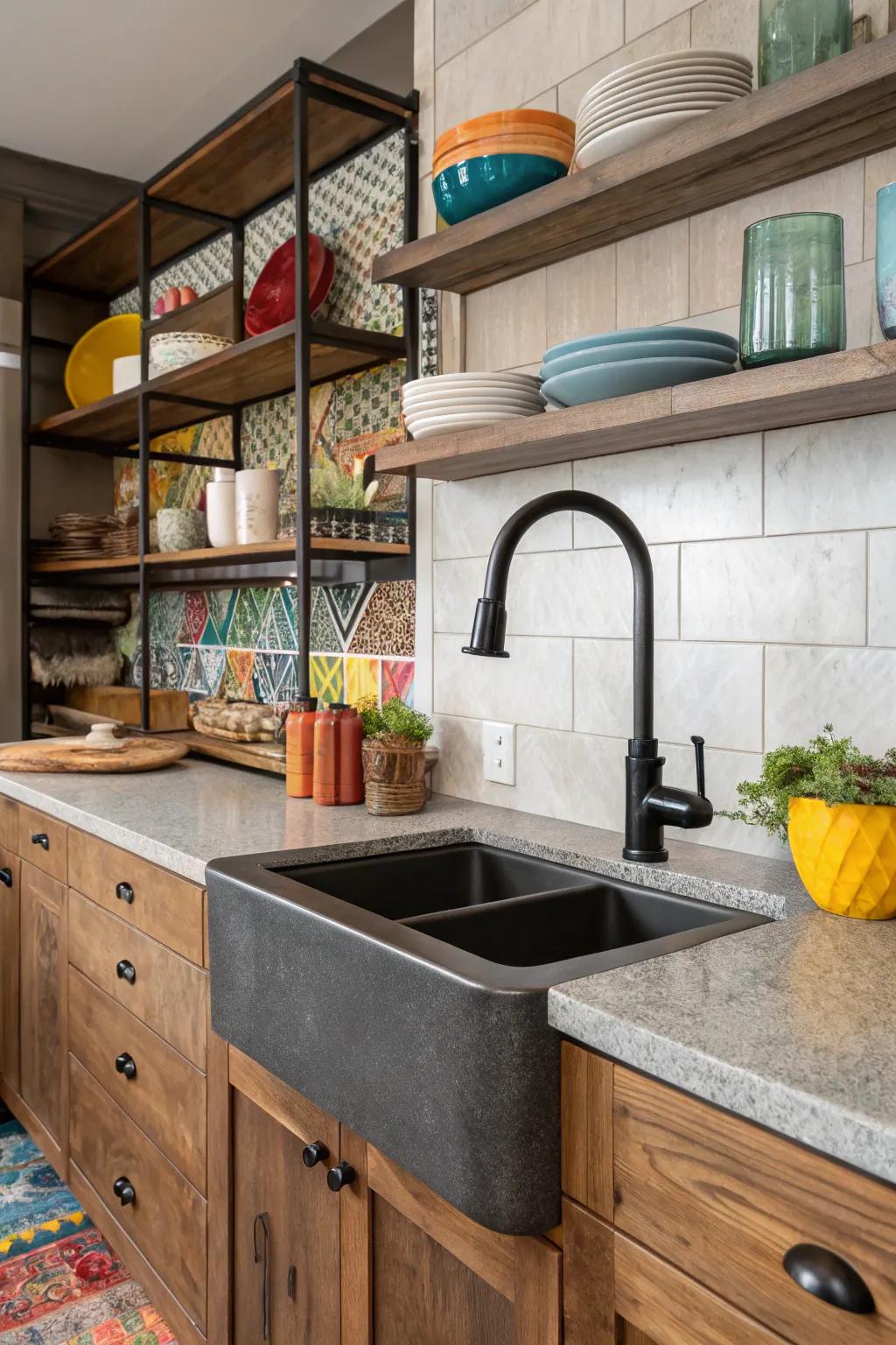 A blend of materials enhances the visual appeal of this kitchen with a black faucet.