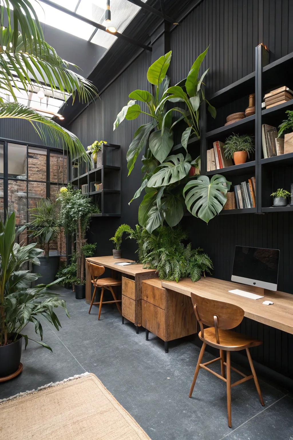 Natural elements infuse warmth and vitality into a black office space.