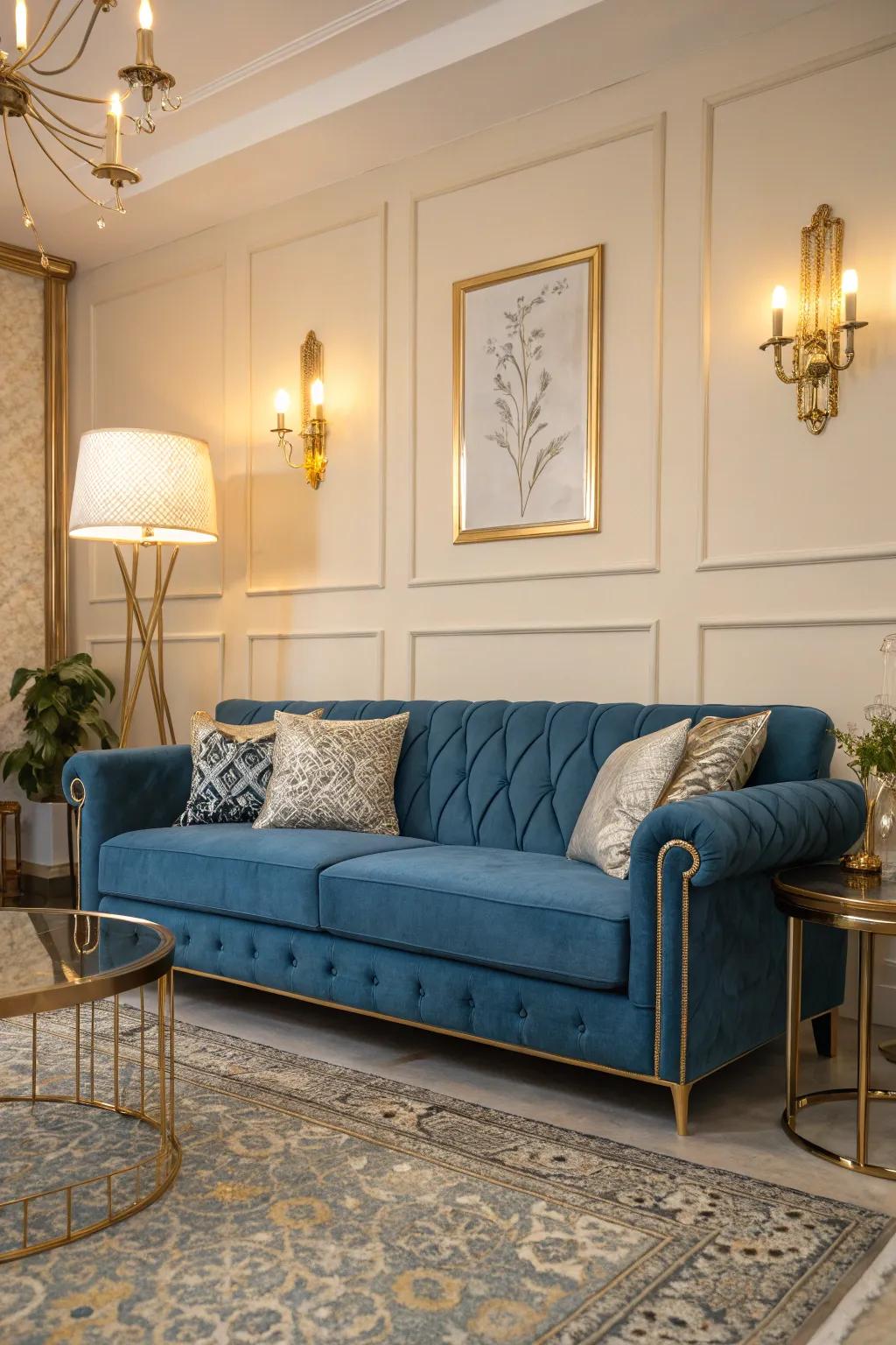 Metallic accents add a luxurious feel to a blue couch setting.