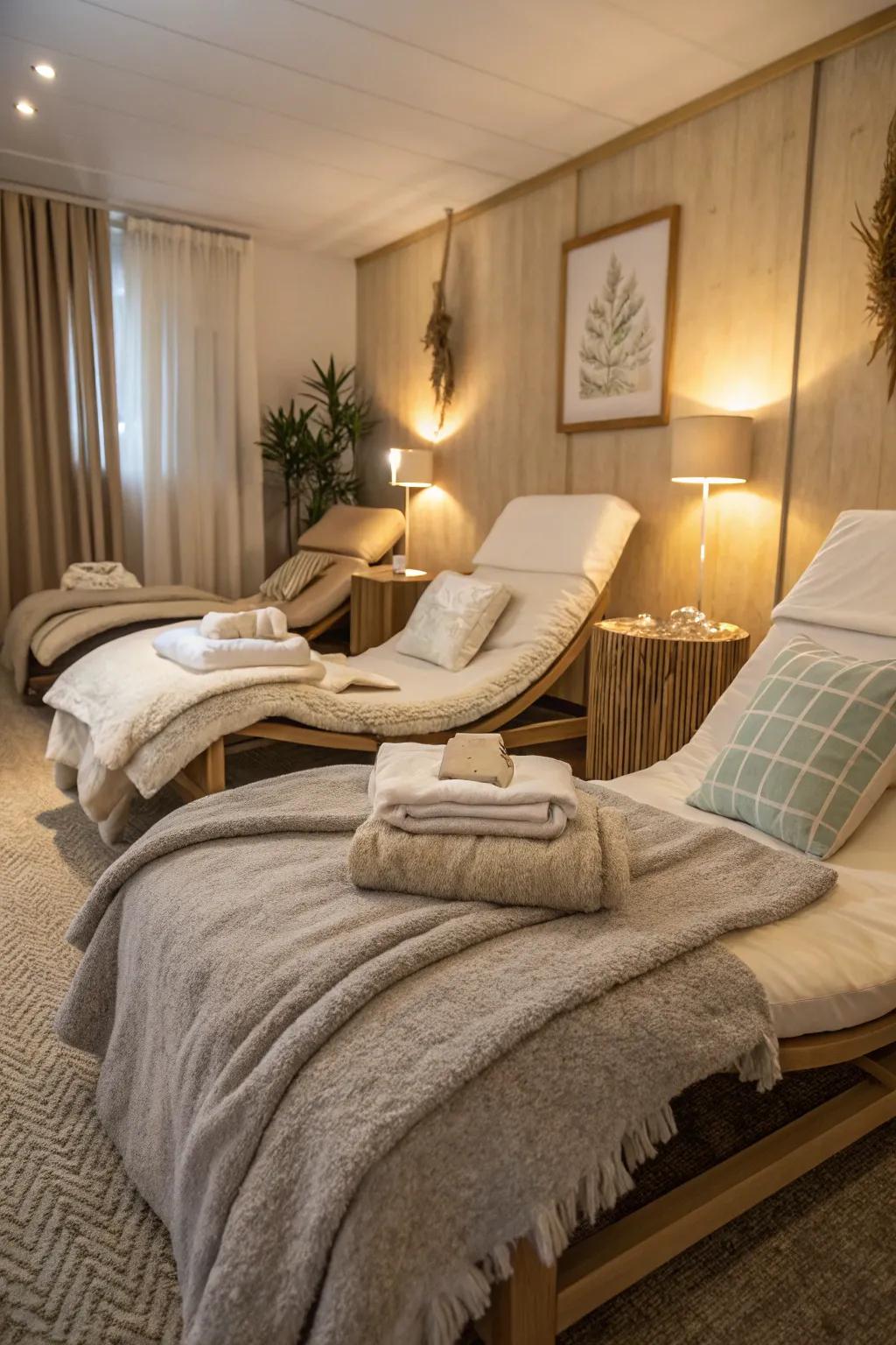 Soft textiles enhance comfort and style in the treatment space.
