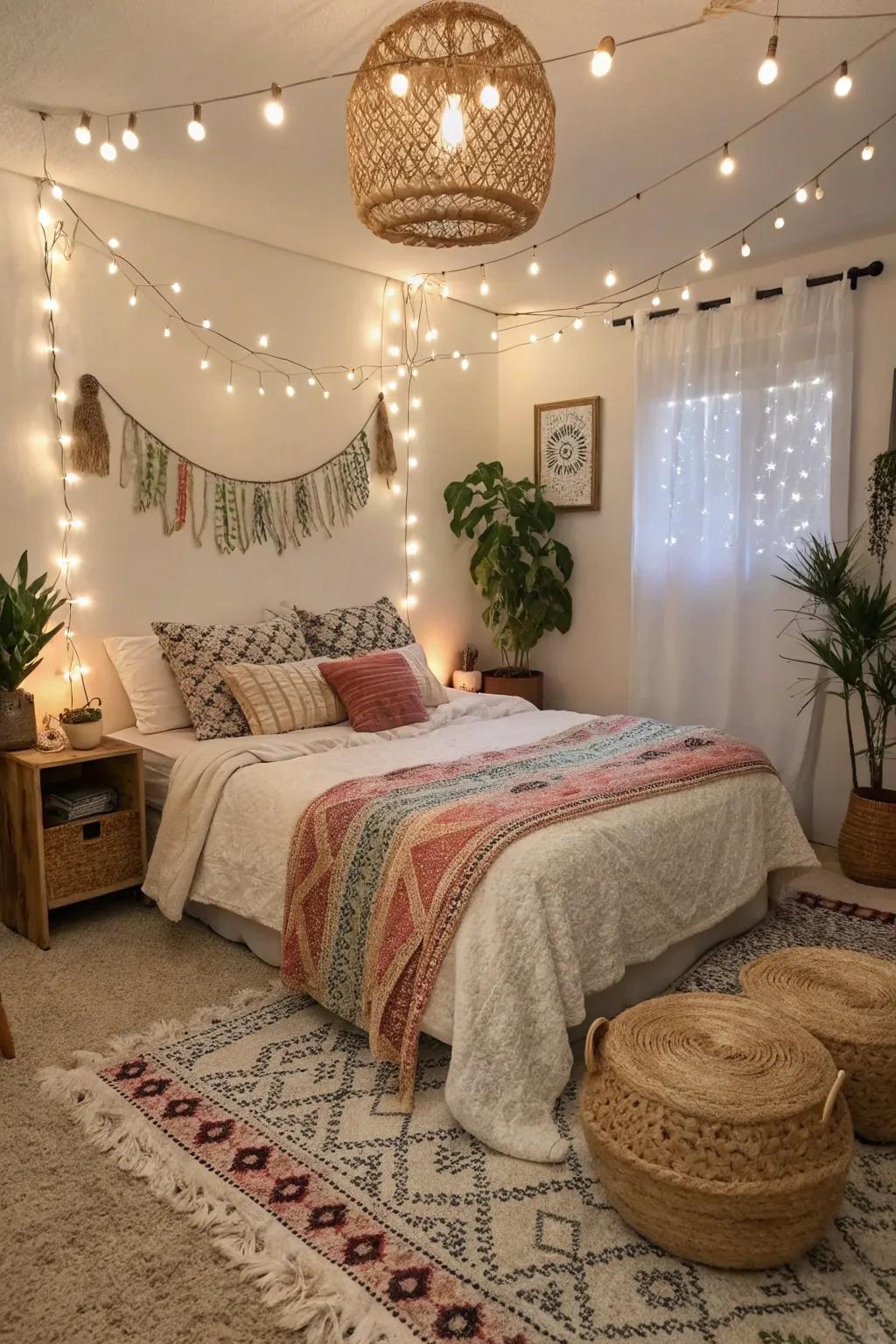 Ambient lighting and fairy lights create a peaceful glow in this boho bedroom.