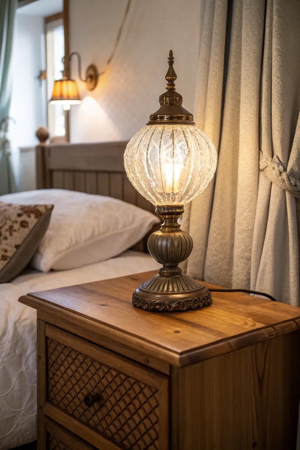 A vintage glass lamp adding color and charm to a boho bedside table.