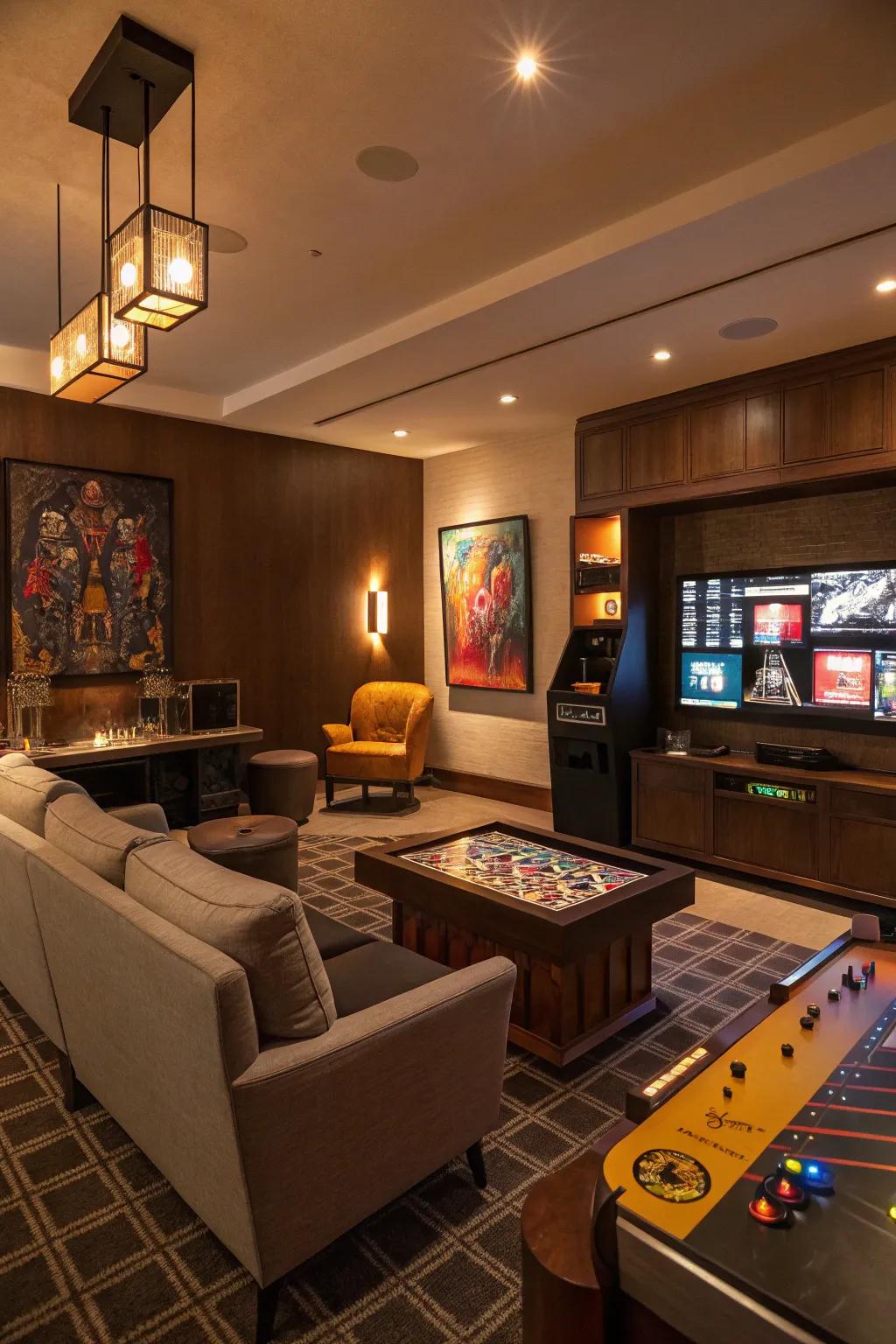 Ambient lighting sets the tone for a relaxing game room experience.