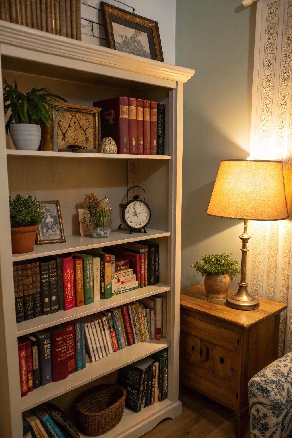 A cozy ambiance is created with the addition of a small lamp on a bookshelf.