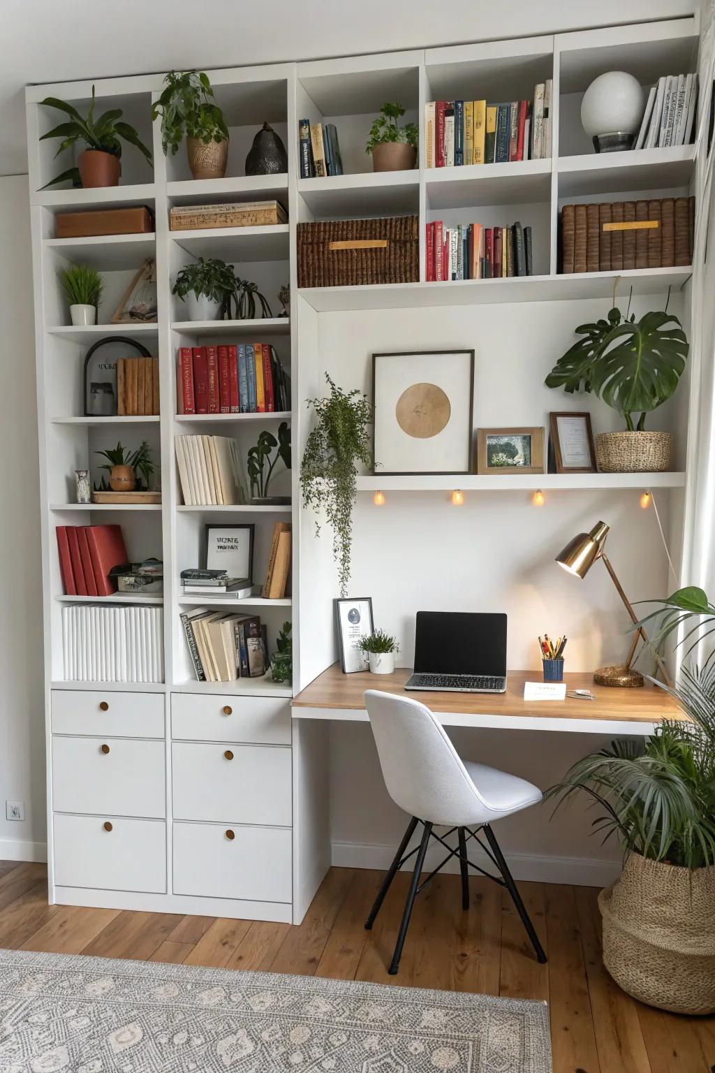 Work and relax with multifunctional bookshelf walls.