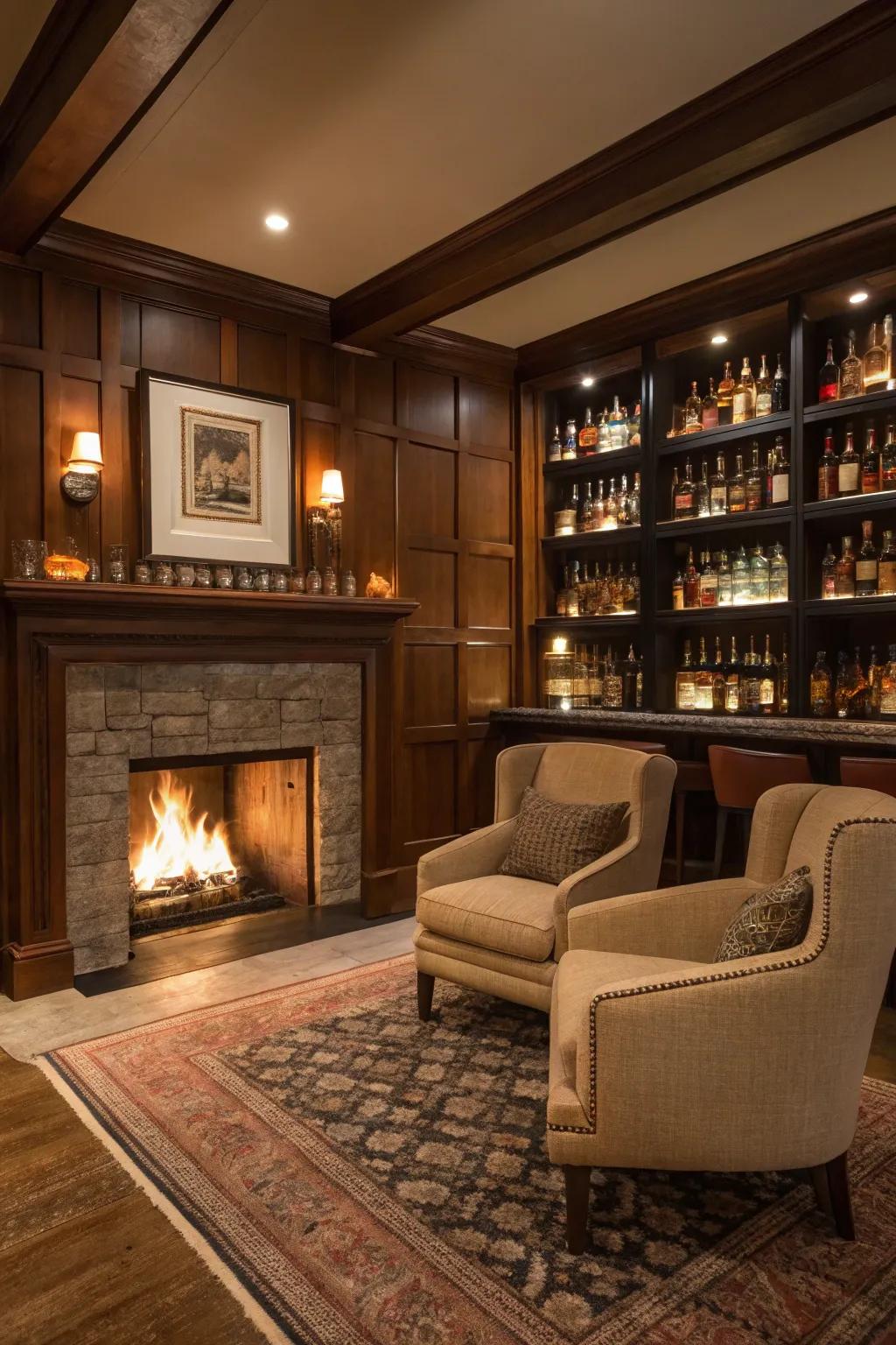 A fireplace serves as a cozy focal point in the bourbon room.