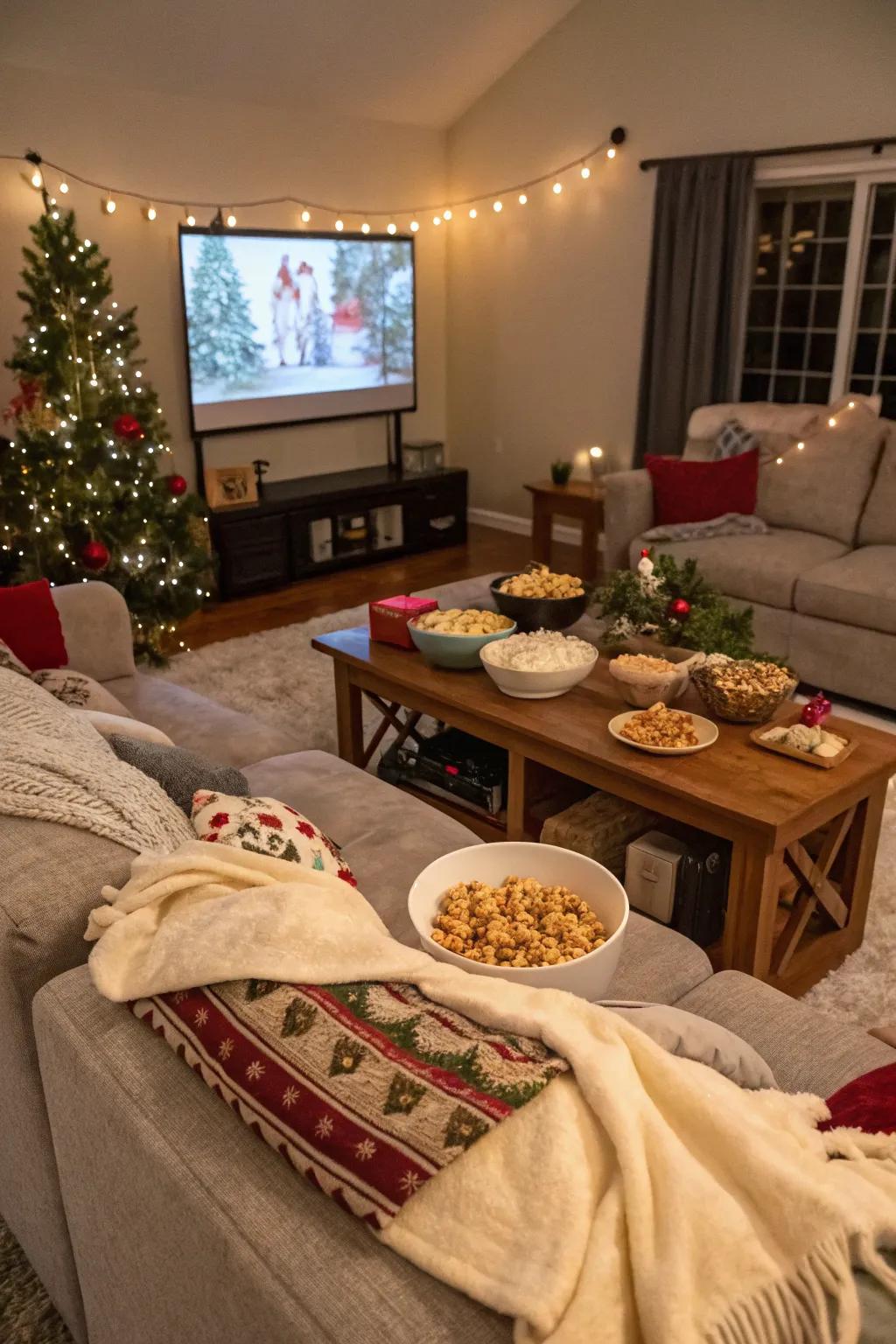 A cozy setup for a holiday movie marathon.