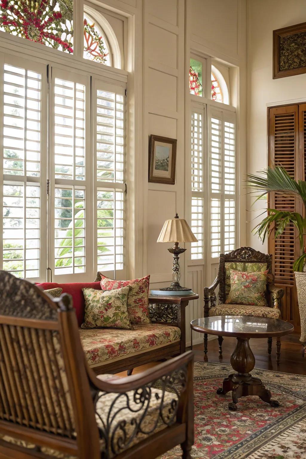 Plantation shutters offer style and practicality.