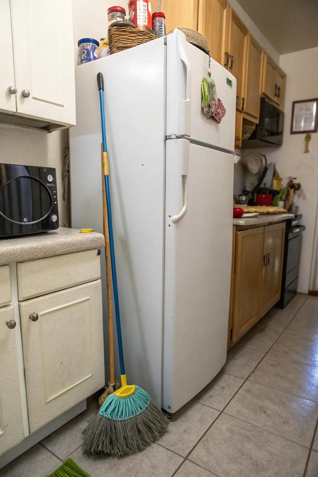 Utilize hidden spaces like behind the refrigerator for storage.