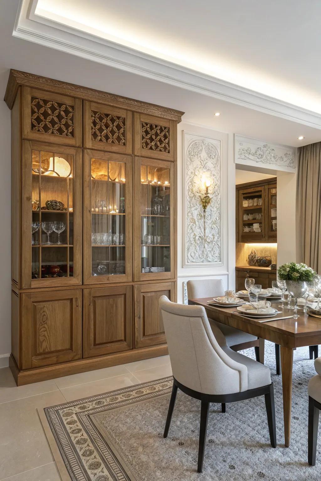 Fusion of modern and traditional styles in dining room built-ins.