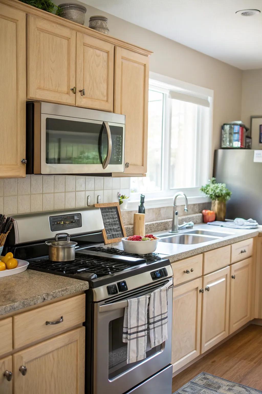 A microwave strategically placed near the stovetop for efficiency.