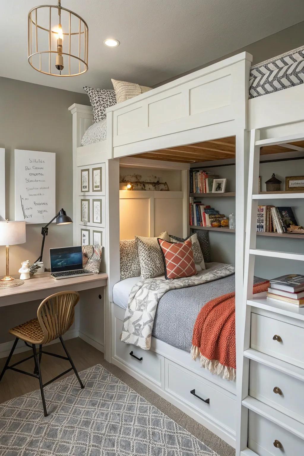 A hidden desk workspace adds functionality to built-in bunk beds.