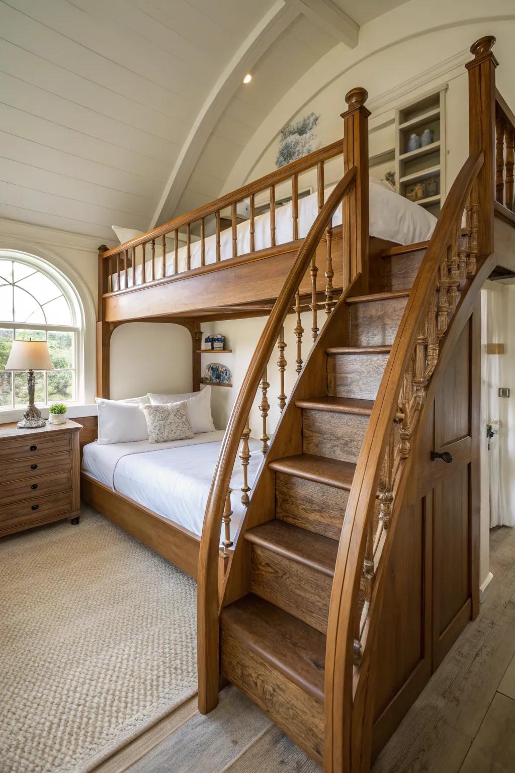 Elegant staircase adding style and safety to a bunk bed.