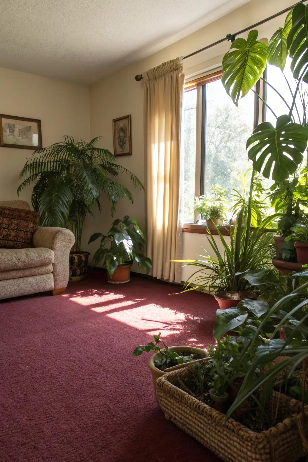 Greenery breathes life into a burgundy-themed living room.