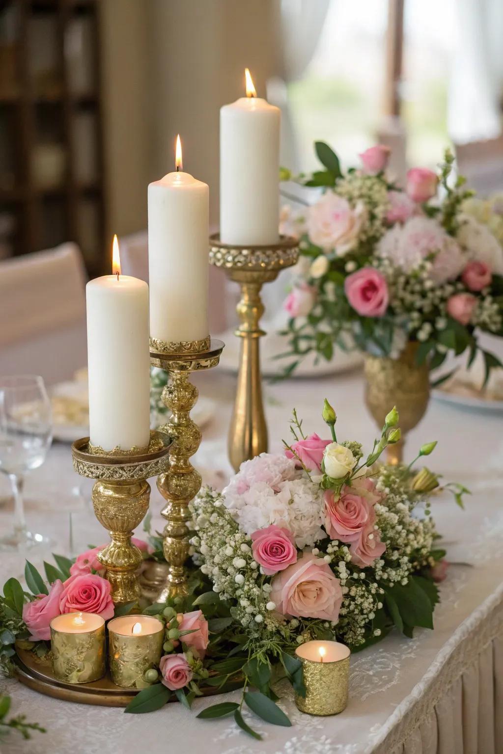 Impressive table centerpiece with candles and gold accents.