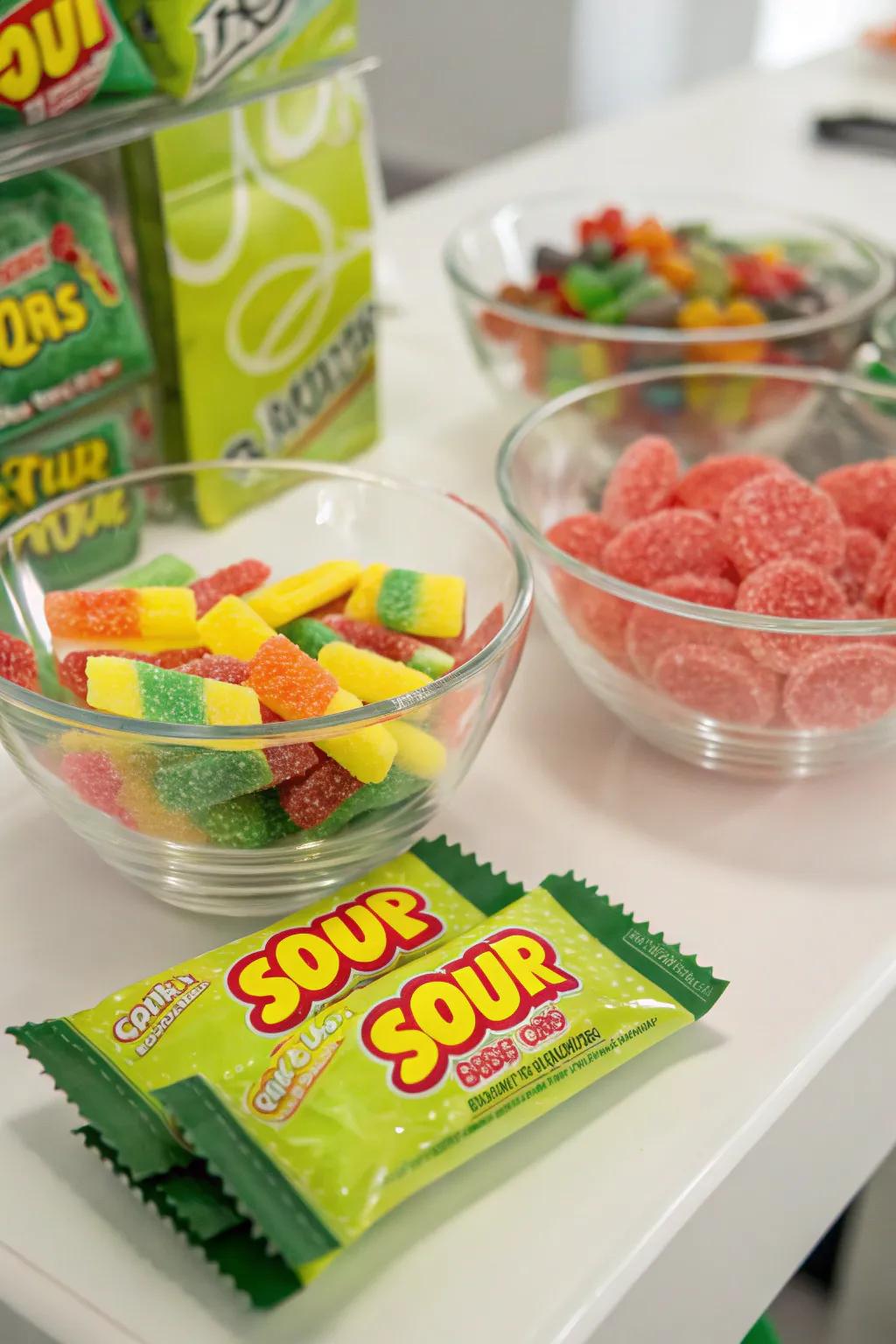 Bold and tangy sour candy bar with vibrant, eye-catching treats.