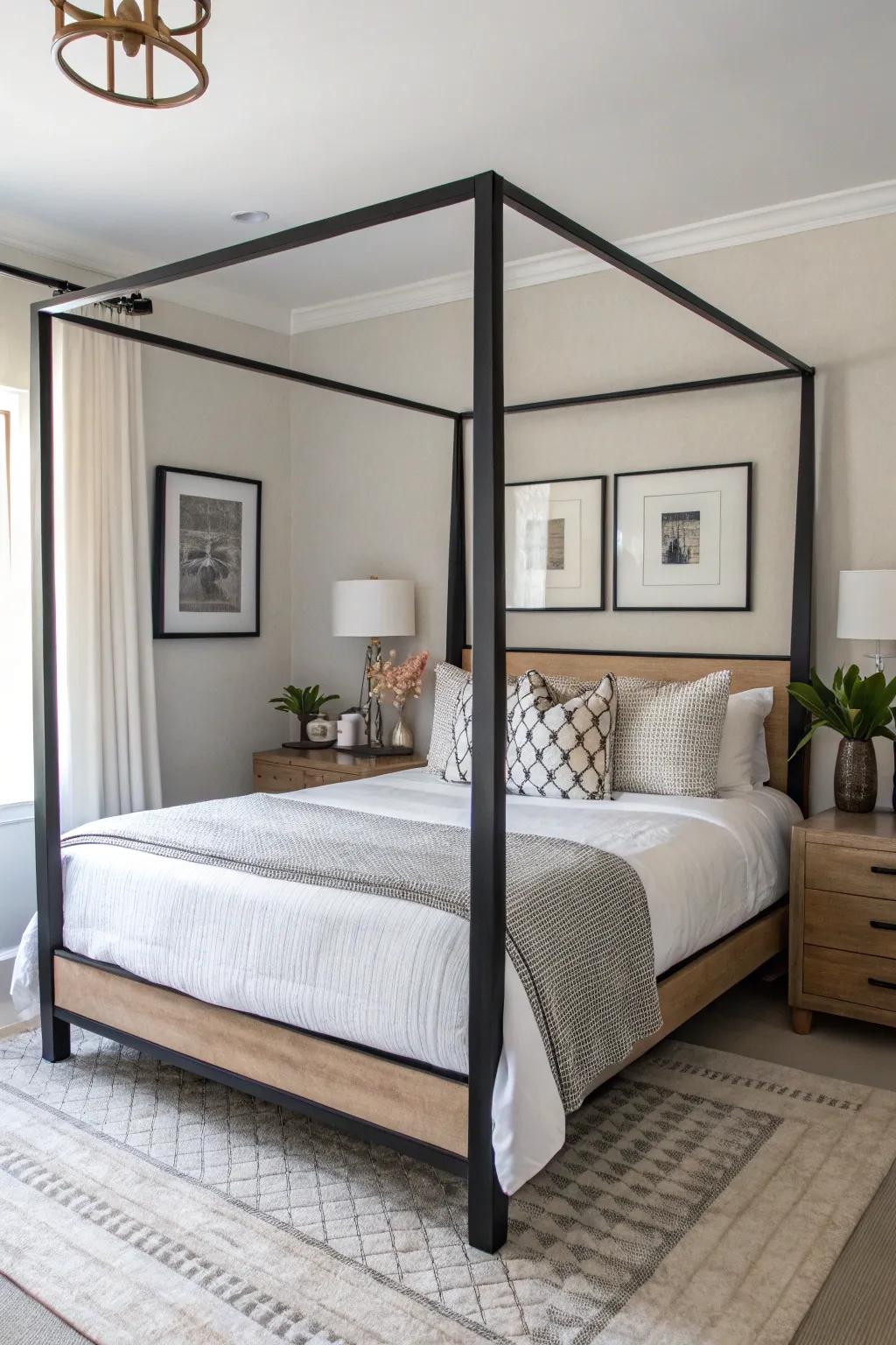 A modern canopy bed with clean lines and minimalist decor.