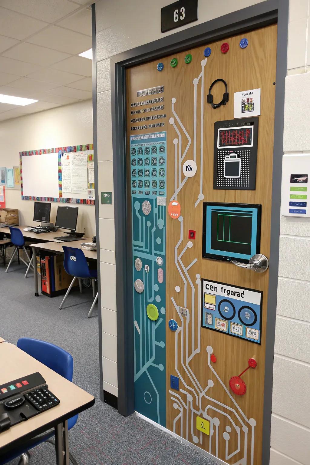 Plug into the future with a tech-themed door design.