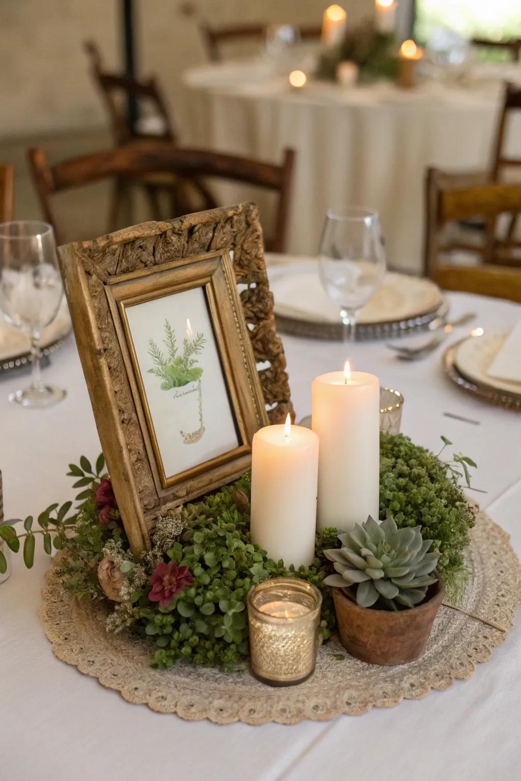 Artistic flair with a vintage frame centerpiece base.