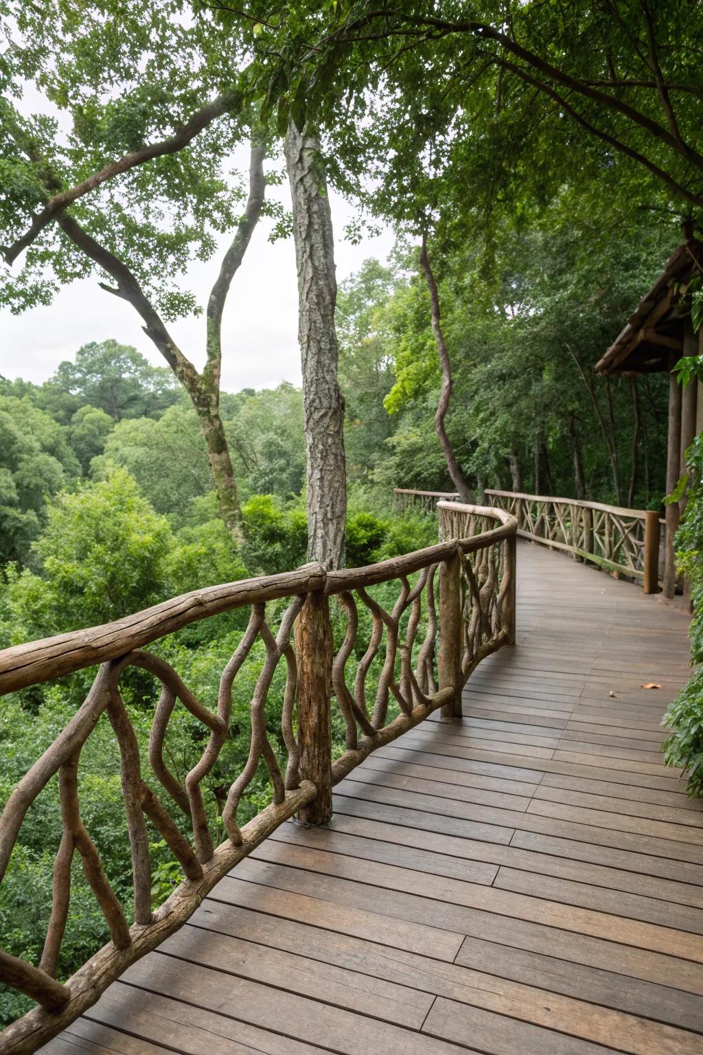 Natural elements like branches add rustic charm to deck railings.