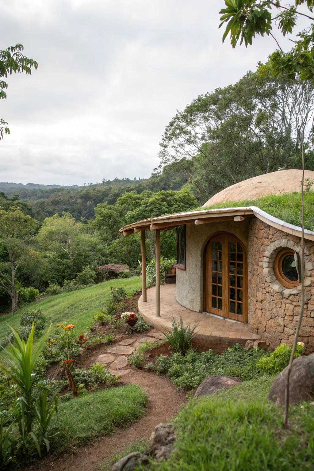 Eco-friendly earthbag home nestled in lush surroundings.