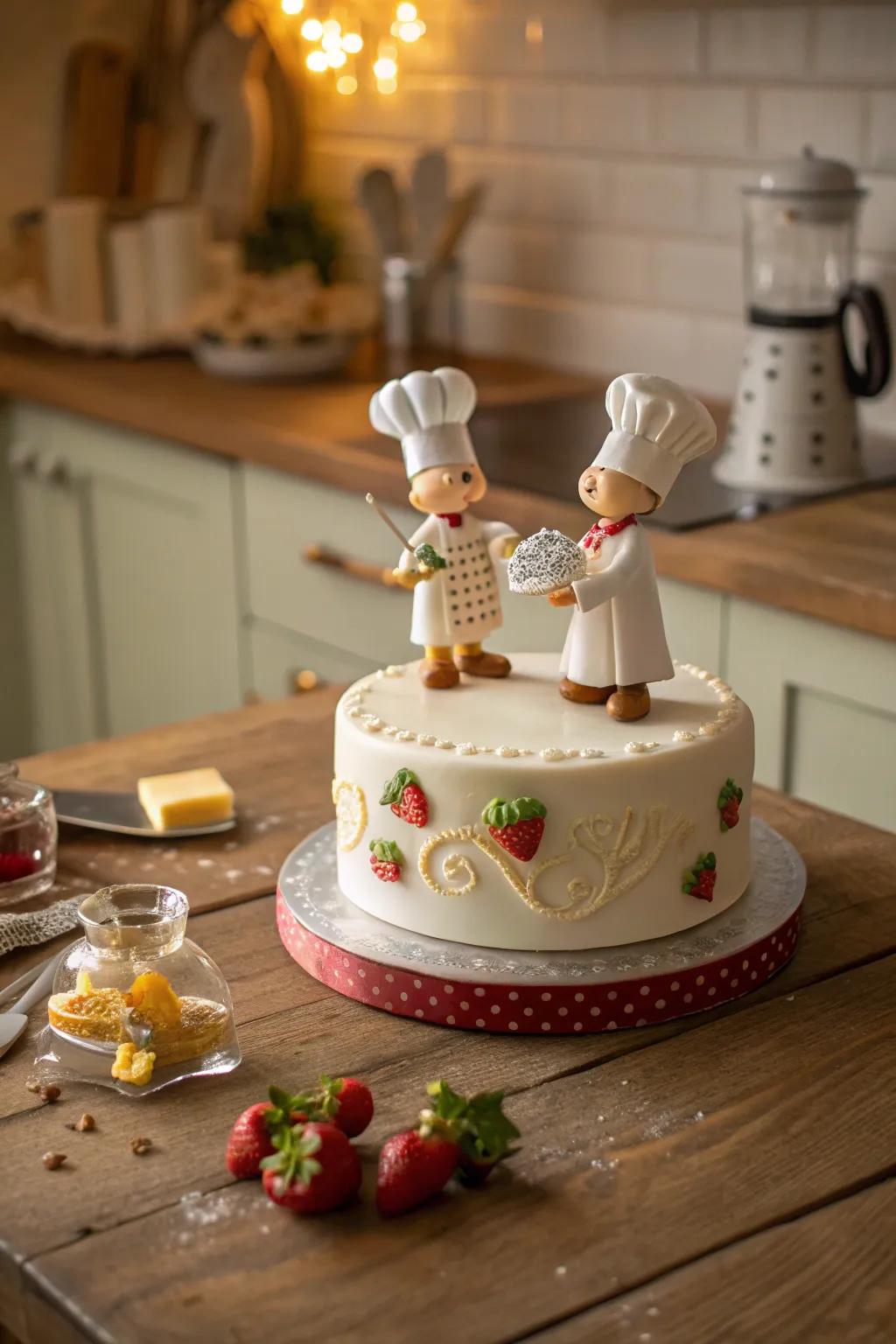 A playful cake topped with detailed fondant chef figurines.