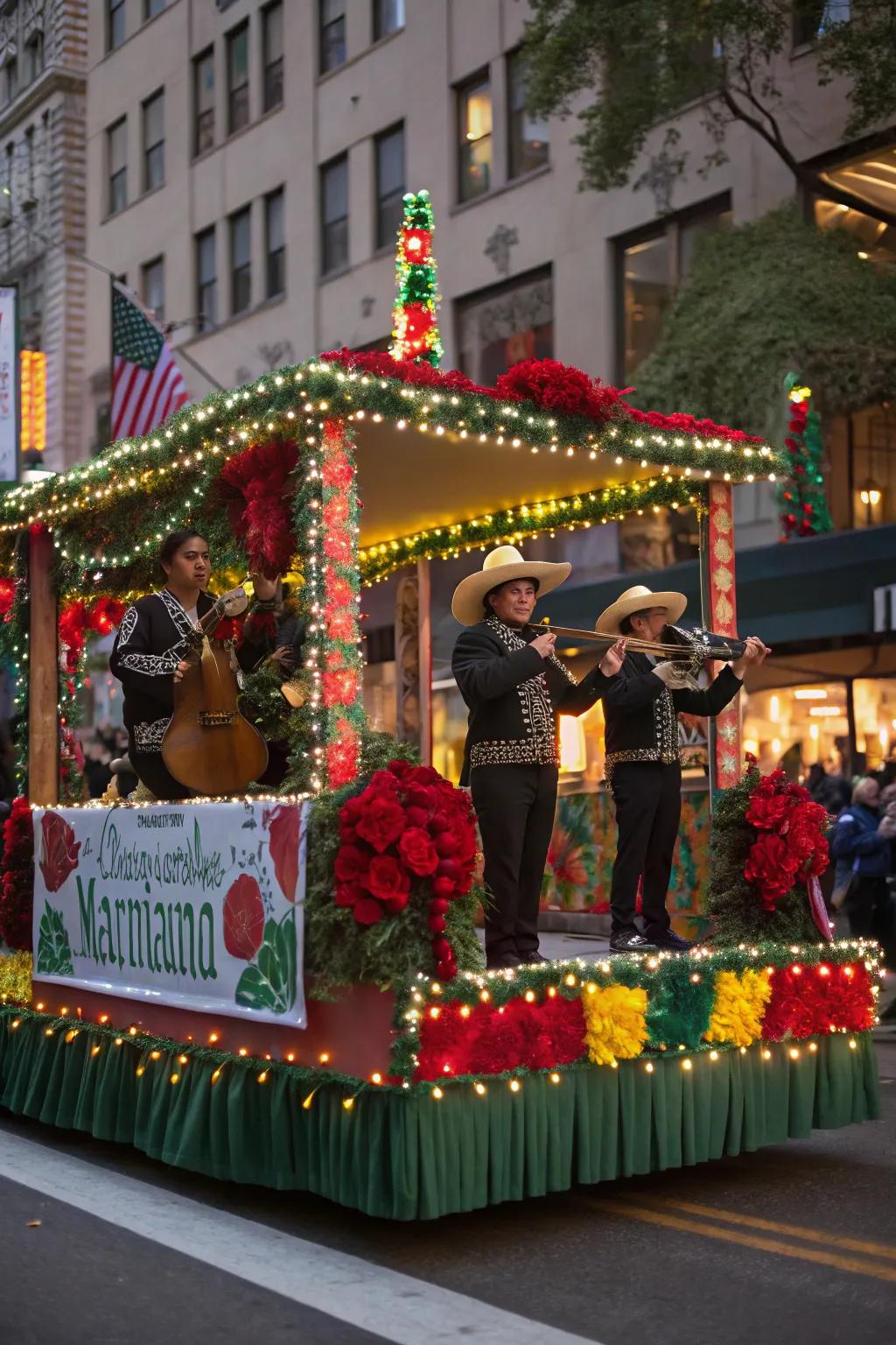 Fiesta Navidad float with vibrant colors and mariachi music.