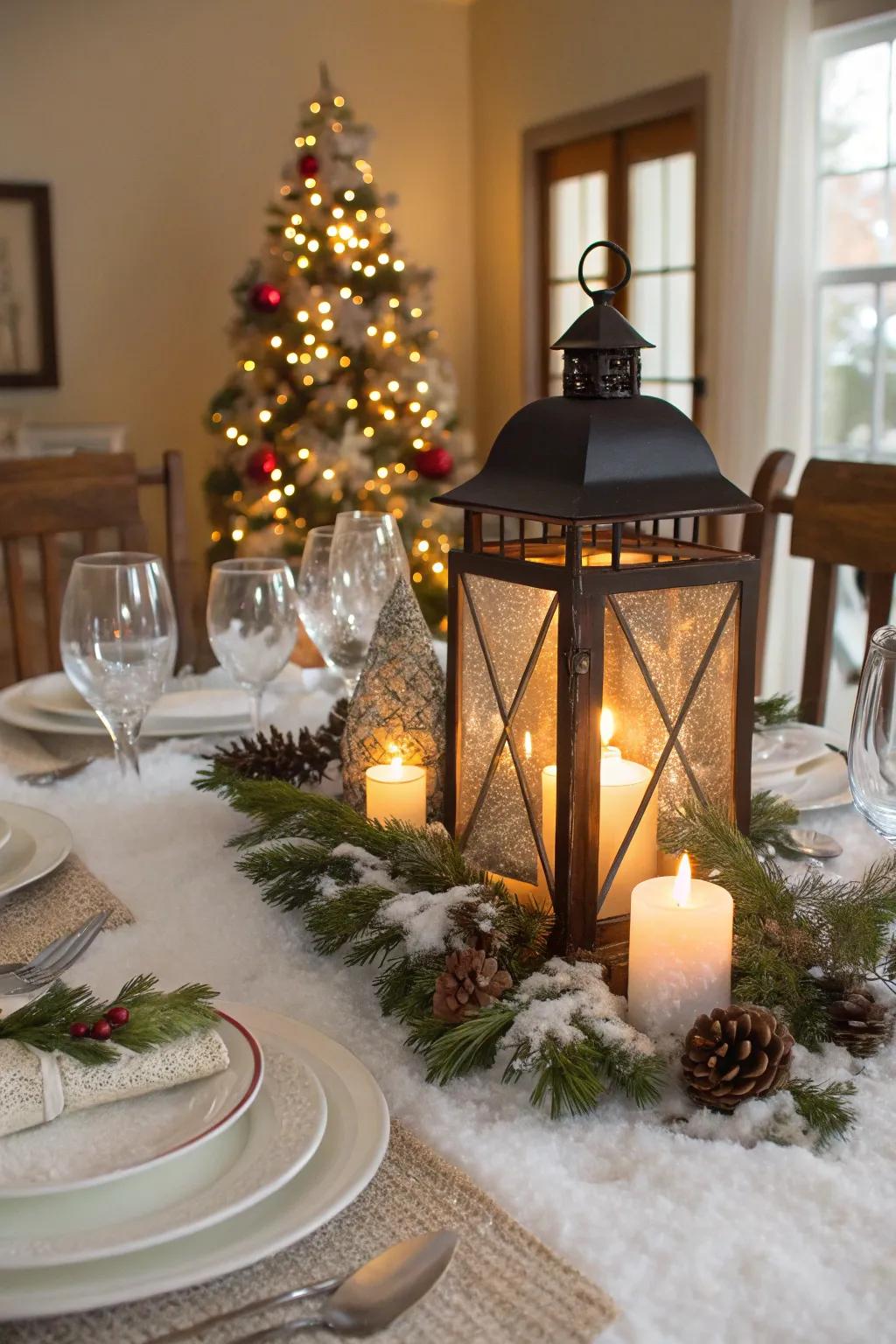 A snowy lantern scene offers a cozy and safe centerpiece glow.