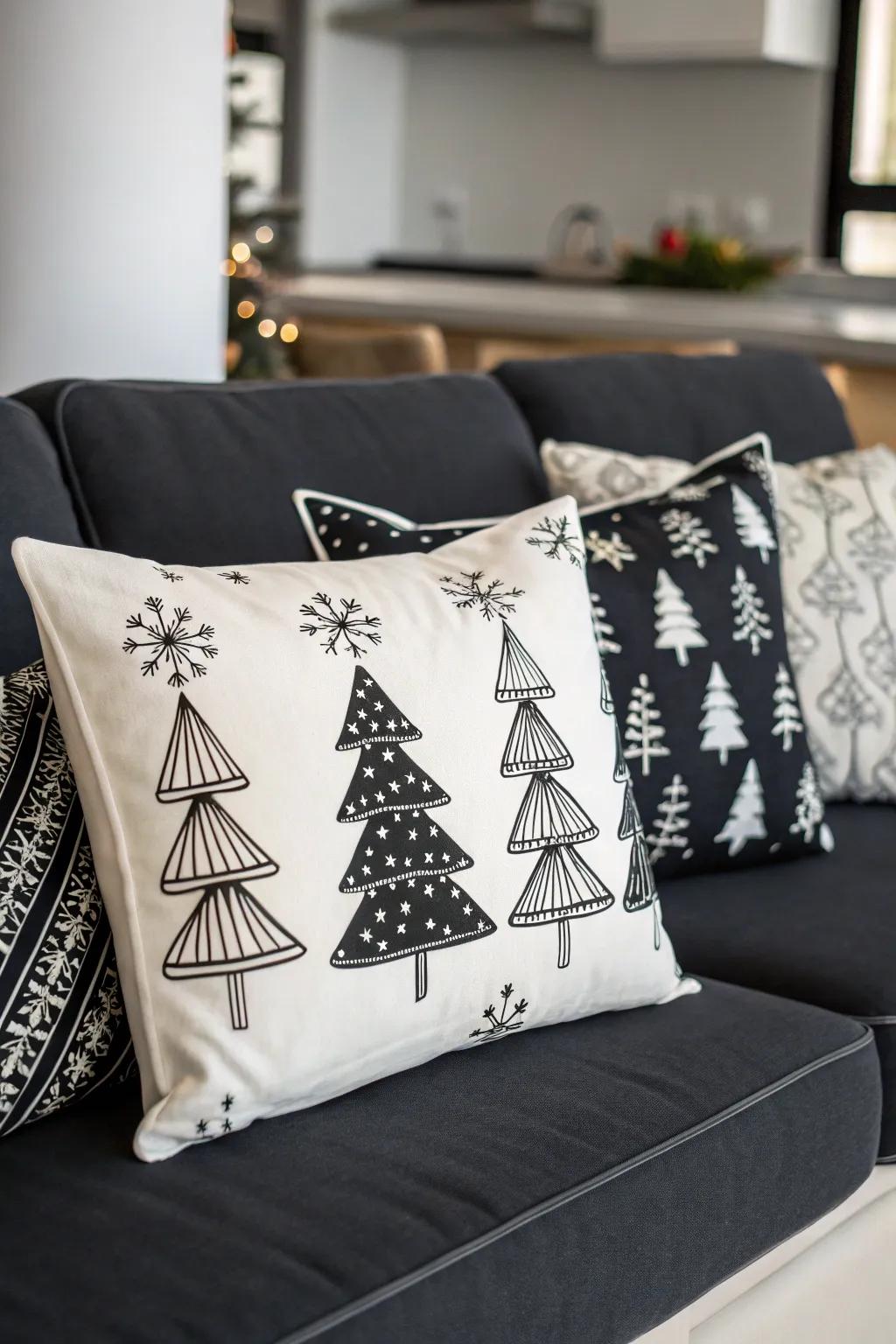 Sleek black and white pillows for a modern festive look.