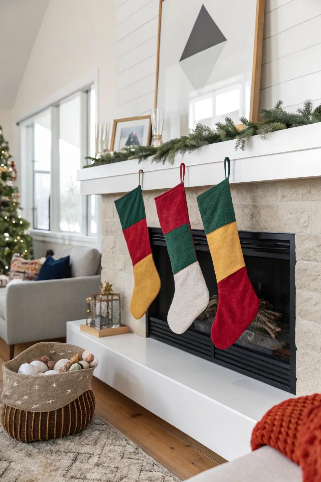 Color block stockings make a bold, modern statement for the holidays.