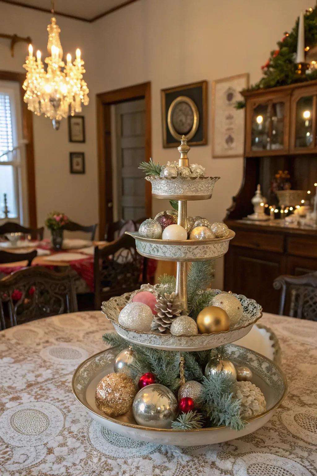 A charming vintage Christmas display on a tiered tray.