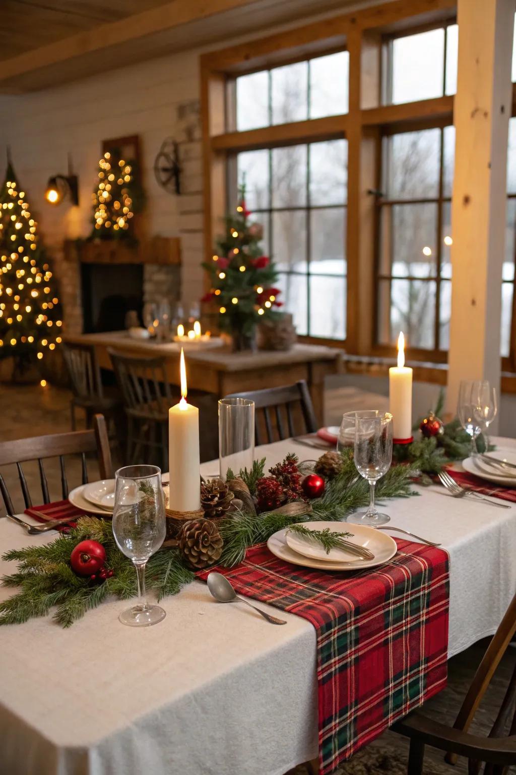 Plaid runners add warmth and pattern to the table.