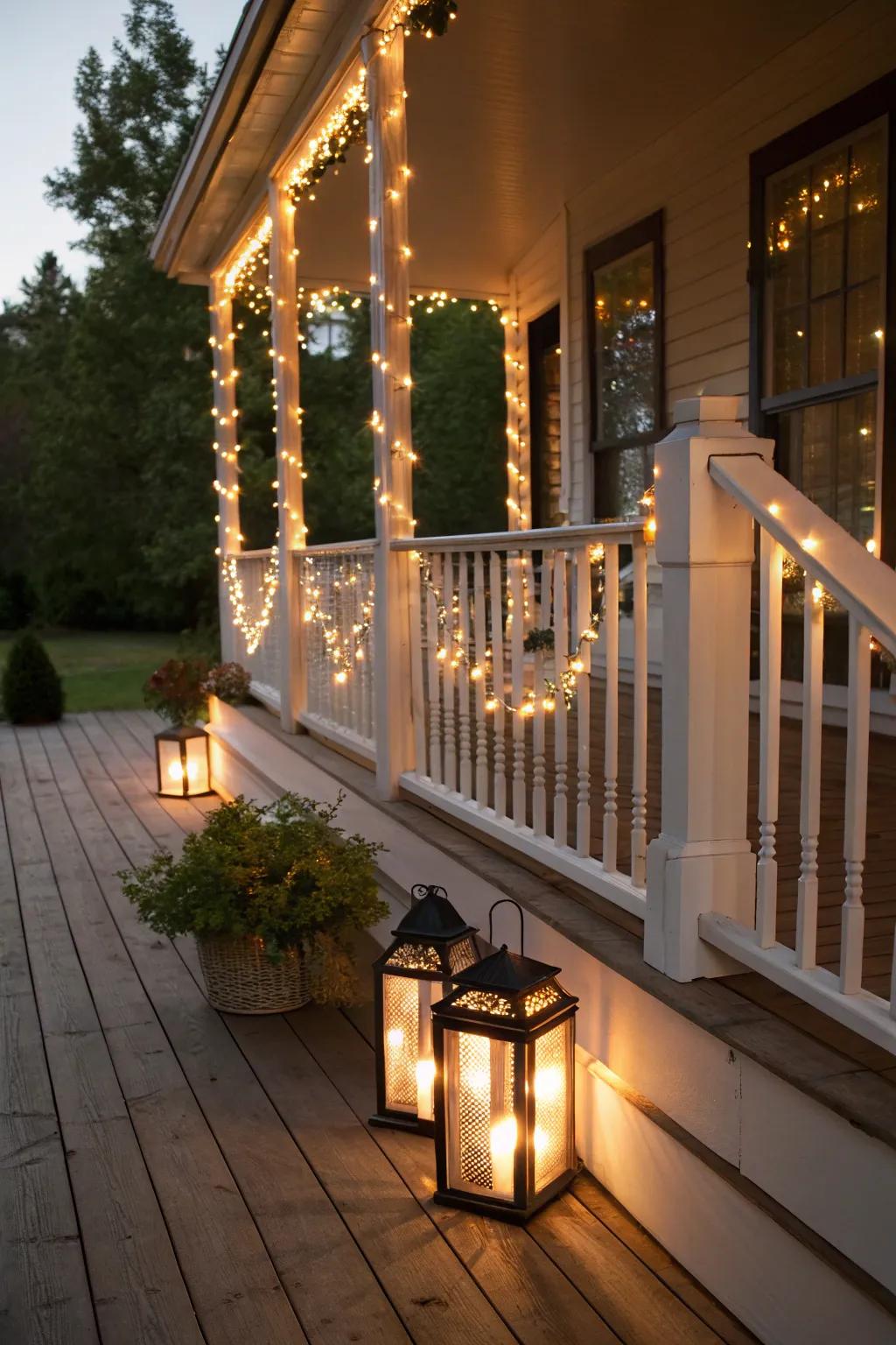 A welcoming porch with warm lighting and lanterns.