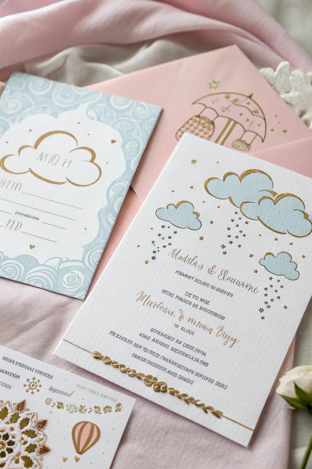 Cloud-themed invitations provide a sneak peek into the dreamy baby shower theme.