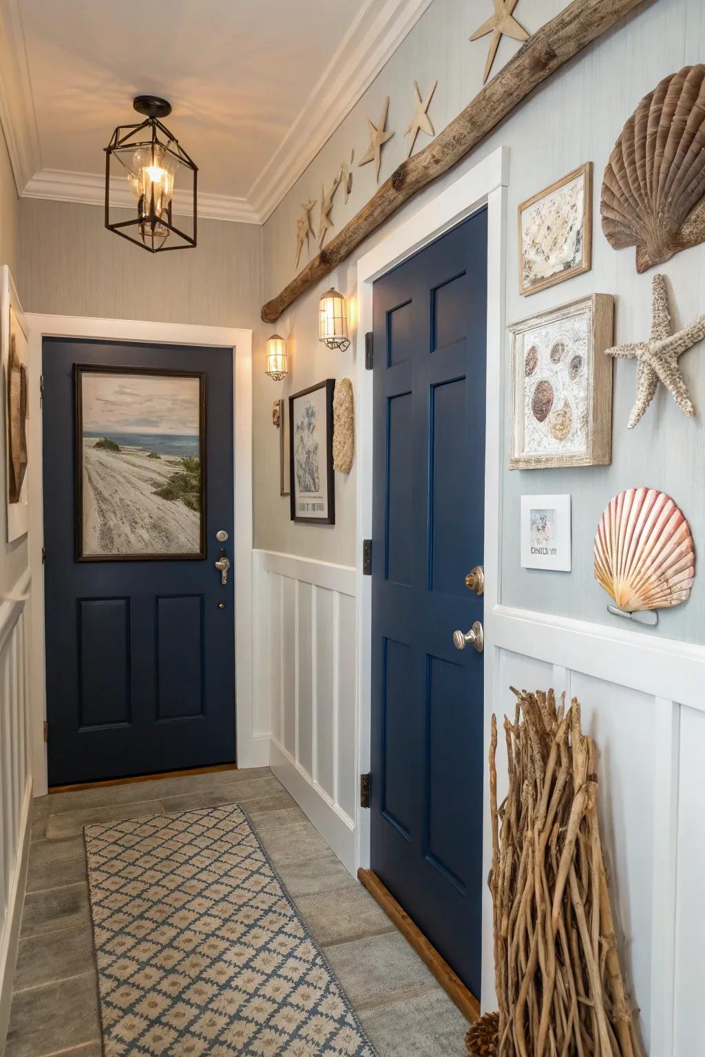 Nautical navy adds elegance to coastal themes.