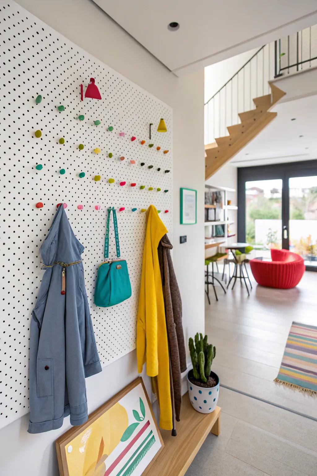 A geometric pegboard coat rack offering a customizable and modern solution.