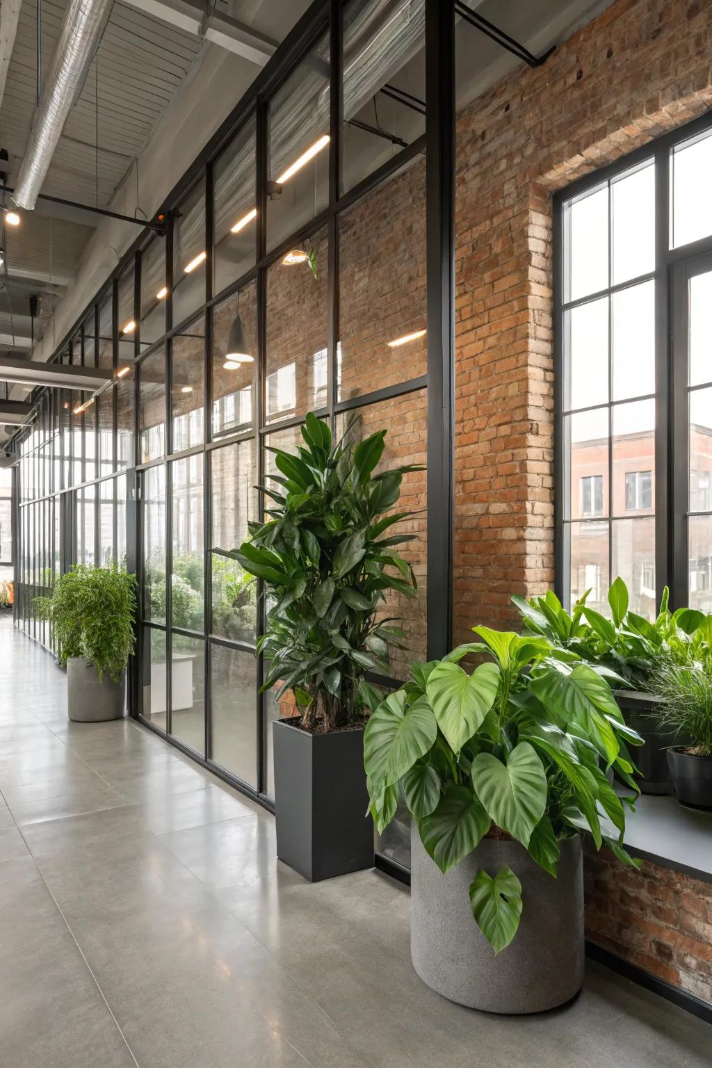 Indoor plants adding a fresh touch to an industrial-themed office.