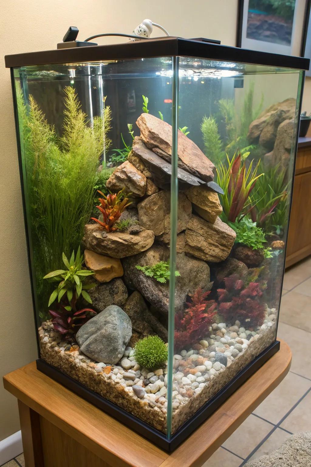 Creative aquascaping transforms a corner tank into an underwater masterpiece.