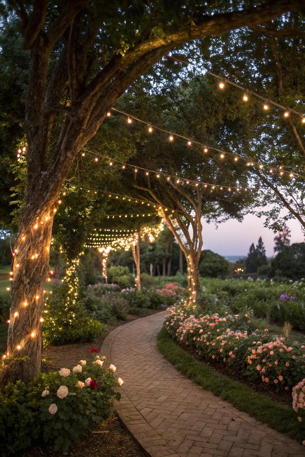 A garden transformed by enchanting string lights.