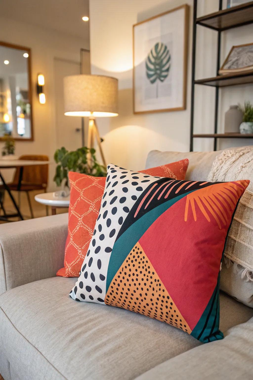 A statement pillow serves as a stunning focal point.