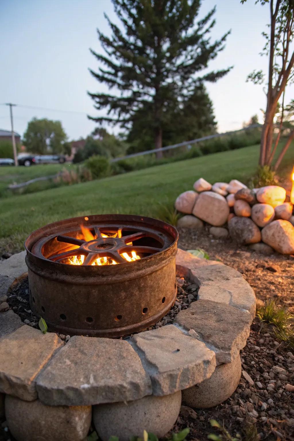 A wheel rim fire pit is a unique and eco-friendly backyard addition.